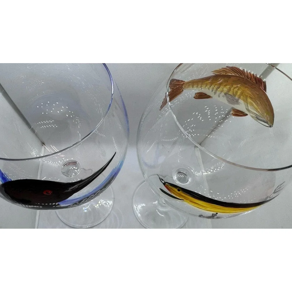 Hand Painted Set Loon Wine Glass Lake Bird Art Fishing Lure Balloon Wine Goblet